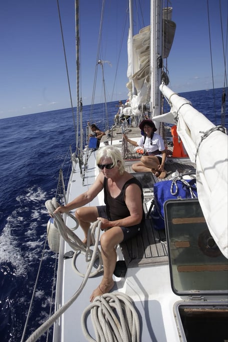 Hannah aboard the Hio sailing boat, part of the 42-vessel flotilla which attempted to deliver aid to Gaza. Photo: Hannah Schafer/ Global Sumud Flotilla
