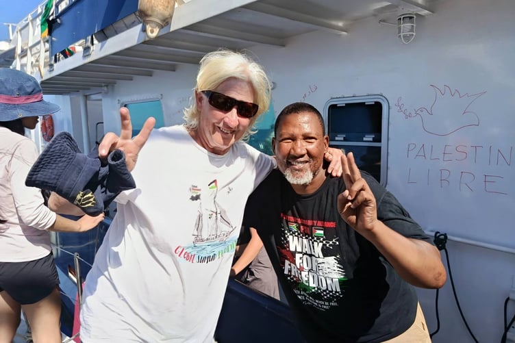 Hannah Schafer on the Global Sumud Flotilla with grandson of Nelson Mandela, Mandla Mandela. Photo: Hannah Schafer/ Global Sumud Flotilla