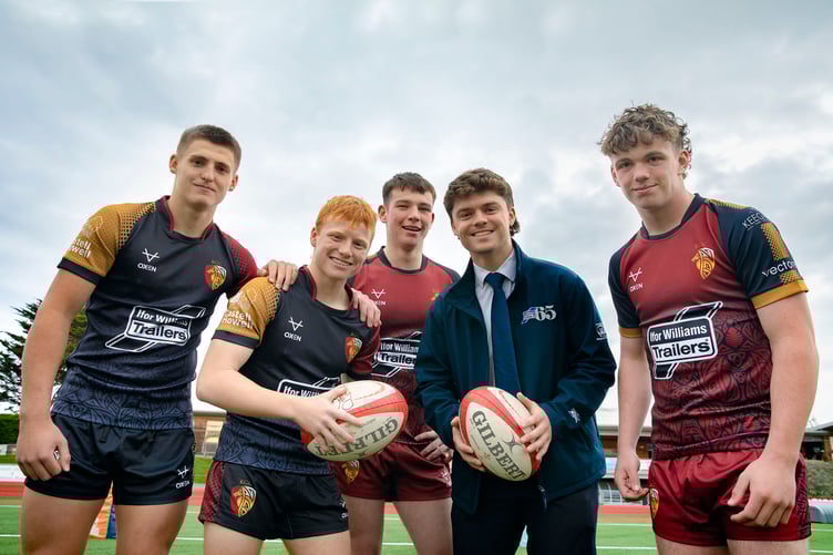 Ifor williams Trailers renew their sponsorship with the U16 and U18 Rugby.; Harry Hogan, Eneas Parry-Fink, Gruff Glyn-Jones ,Joe Pardoe, IWT marketing manager, and Adam Davey.