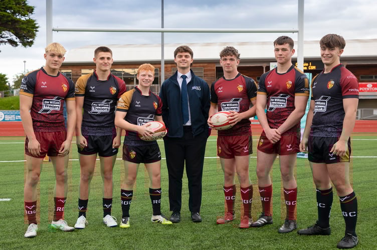 Ifor williams Trailers renew their sponsorship with the U16 and U18 Rugby. Jac Williams, Harry Hogan, Eneas Parry-Fink, Joe Pardoe, IWT marketing manager, Adam Davey, Gruff Glyn-Jones and Joe Ryder.
Picture Mandy Jones