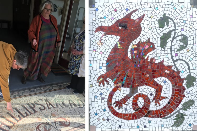 Alison Pierse conducting a mosaic tour, left, and an example of her work, right