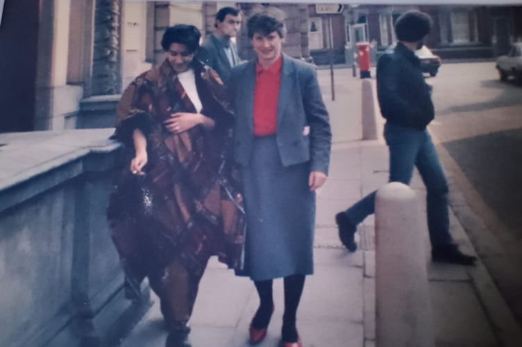 Shiela Sen (left) and Hannah (right) outside Birkenhead Magistrates' court after the trial, "in protest at the participation of Zola Budd, who was given British citizenship so she could circumvent the boycott of South African athletes".