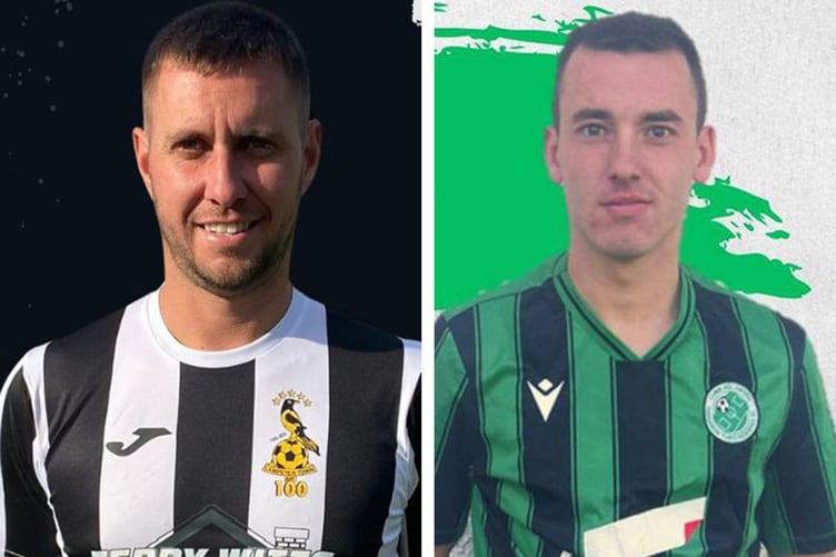 Lampeter Town Reserves' Jason Jones (left) scored five against Maesglas Reserves; Jay Kenney netted twice for Tregaron Turfs Reserves