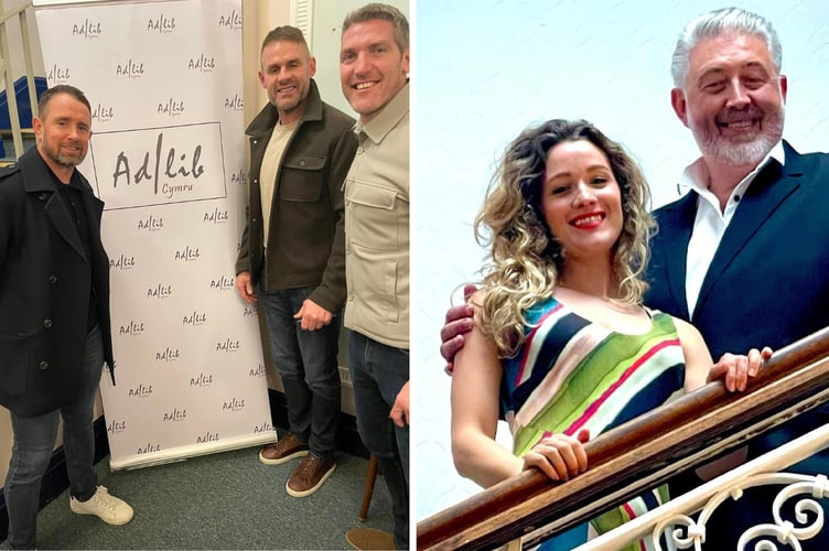 Shane Williams, Lee Byrne and James Hook (left) and Georgina Stalbow and Anthony Stuart Lloyd (right). Photos: Ad/Lib Cymru