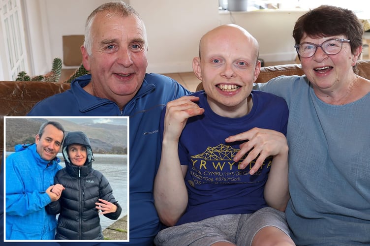 Laura and Mark Bugby with their son John (main) and Trystan Williams and his sister Rhian (inset)