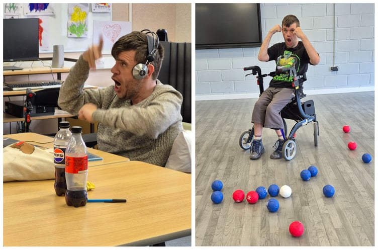 Rory 'playing DJ' at the centre (left) and 'winning at Boccia' in the gym. Photo: Diane White