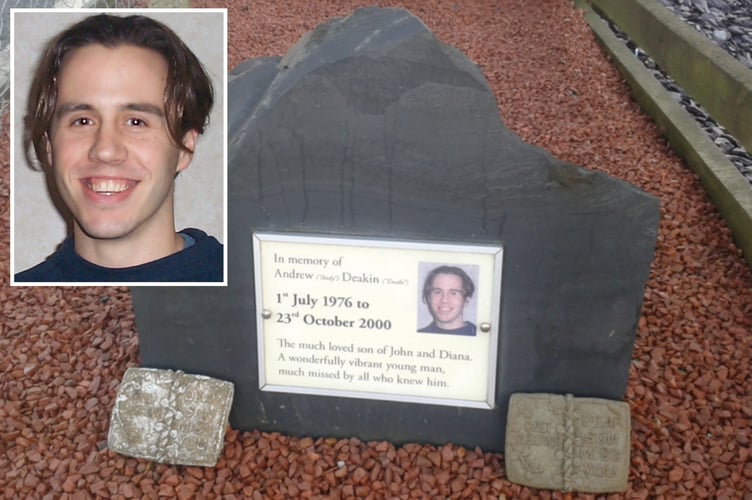 The memorial to Andrew John Deakin (inset), who died in Porthmadog 25 years ago