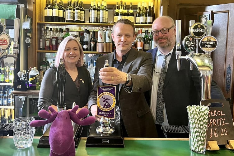 Liz Saville Roberts MP with Lawrence Washington from Purple Moose and Barry Watts from the Society of Independent Brewers (SIBA)