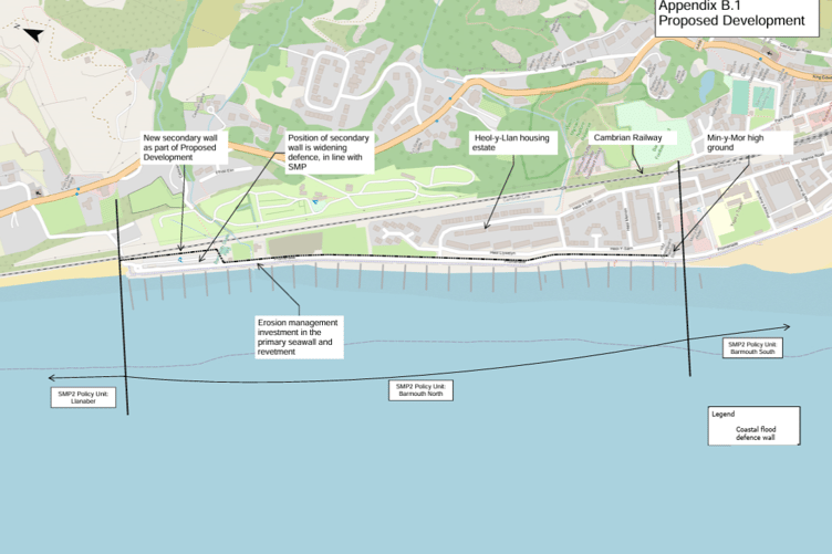 Proposed developments would see remediation works on the primary defence wall, rebuilding the secondary flood defence wall and additional rock armour along north Barmouth promenade. Photo: Ymgynghoriaeth Gwynedd Consultancy