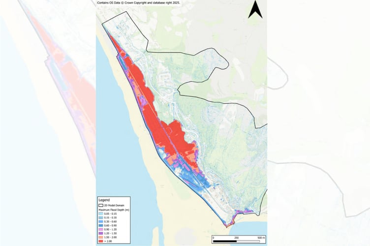 Projected flooding for Barmouth if the proposed short-term improvements are not done. Photo: YGC
