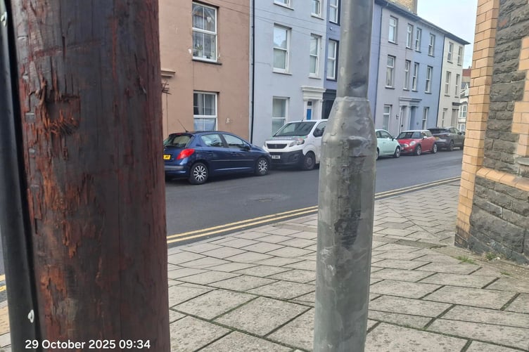 Looking west out of Prospect Street into South Road, showing the previously existing lamp post 50cm further over was already being struck by vehicles because the road is narrow.