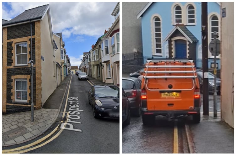 Left - the pavement before the telegraph pole was installed. Right - a van trying to pass the new wooden telegraph pole.