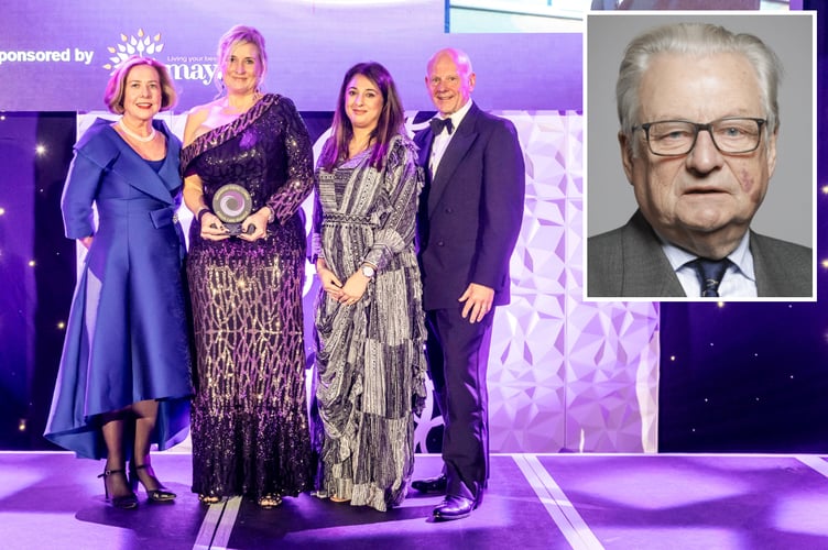 Mair Elis Thomas (on the left) presenting the Craig Thomas Lifetime Achievement Award to Keri Llewellyn from domiciliary care company All-Care, based in Barry