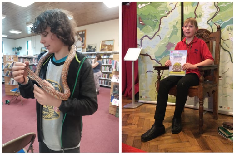 (Left) a slinky visitor to the library, (right) Osian receiving a Summer Reading Challenge certificate. Photo: Machnylleth Library