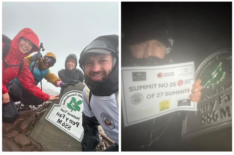 (Left) Carl with supporters on a soggy summit trip, (right) Carl on the Monday night/ Tuesday morning on summit 25 of 27. Photo: Carl Thompson