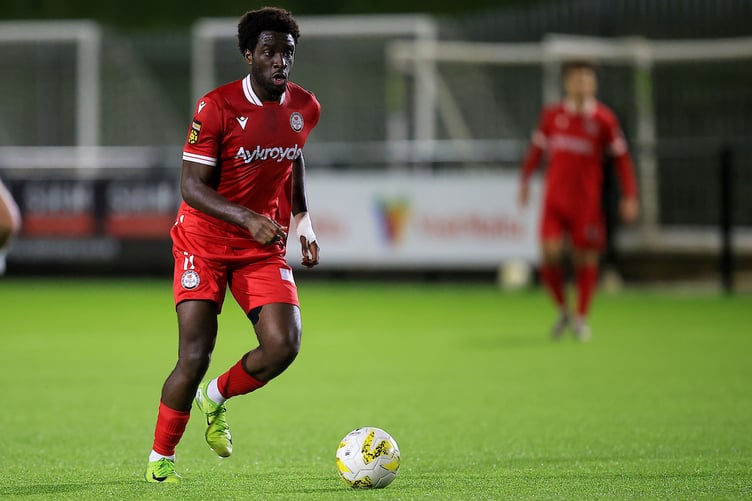 Haverfordwest, WALES - 10th OCTOBER 2025:Olamide Ibrahim of Bala Town during the 2025/26 JD Cymru Premier league fixture between Haverfordwest County and Bala Town at Ogi Bridge Meadow Stadium, Haverfordwest, Wales. (Pic by Geraint Nicholas/FAW)