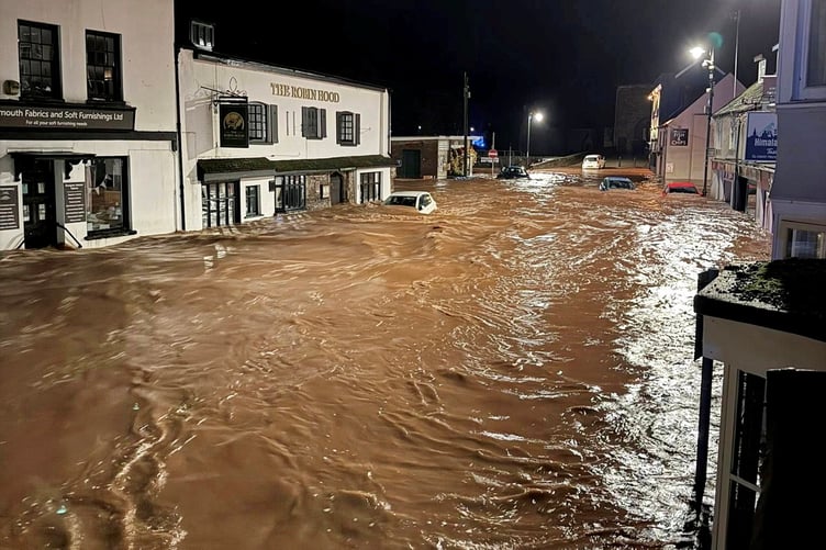 Flooded scenes in Monnow, Street, Monmouth, South Wales. November 15, 2025. Storm Claudia causes chaos across the UK - as a river broke its banks and submerged a Waitrose. A major incident was declared in South Wales due to "severe and widespread" flooding in Monmouth. The River Monnow broke its banks in the early hours of the morning on November 15 (Sat) and has left cars and high street shops underwater.