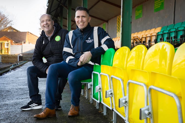 Harlech Foodservice are sponsoring Caernarfon Town FC; Pictured (Right) Mike Clishem Harlech Foodservice Financial Director and Paul Evans, Caernarfon Town FC chairman.