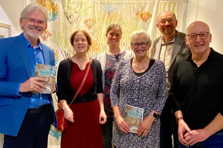 Printmaker Stuart Evans, Mary Ann Constantine, Centre for advanced Welsh and Celtic Studies, Jessica Adams, Senior Research Scientist (IBERS), Judy Macklin, Chair of Aberystwyth Printmakers, Iain Donnison, Head of Biological, Environmental and Rural Sciences (IBERS), Mark Macklin, University of Lincoln and Exeter
