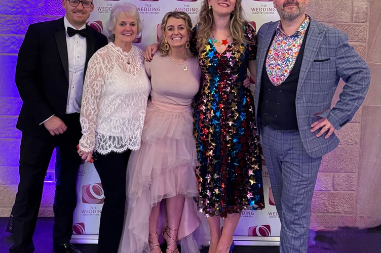 Ty Glyn owners Llyr Thomas and Heather Thomas, and general manager Rachael Smith with Nia and Huw Bates of Seren Celebrants