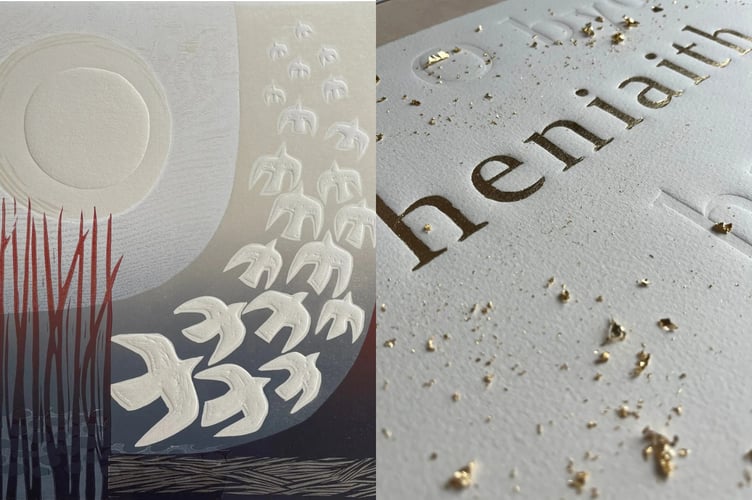 Examples of work on display by Ceredigion printmakers, Charlotte Baxter and Marian Haf