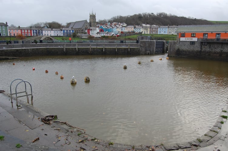 The new flood gates at the inner harbour Pwll Cam were not closed during Storm Bram. Photo: The Cambrian News