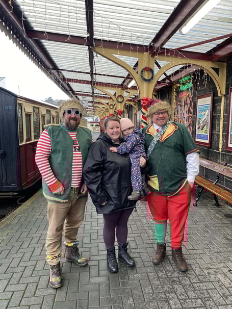 Yvonne and Rhiannon with Ffestiniog Railway Elves, Rich and Oliver