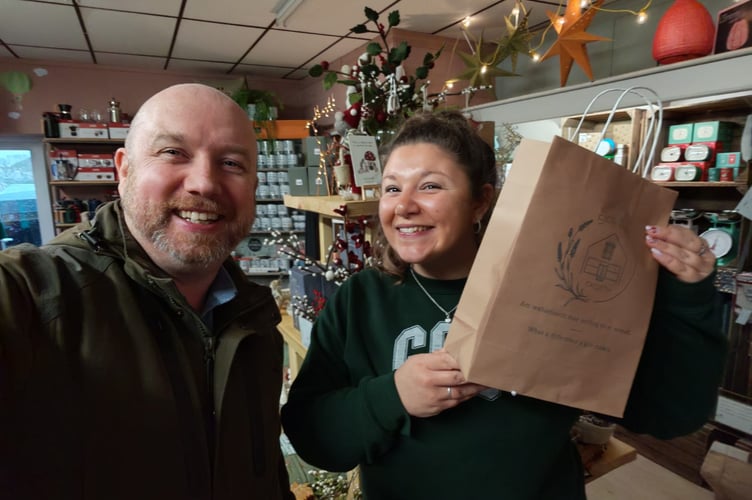 Mabon ap Gwynfor with Non from Siop Del on Criccieth High Street