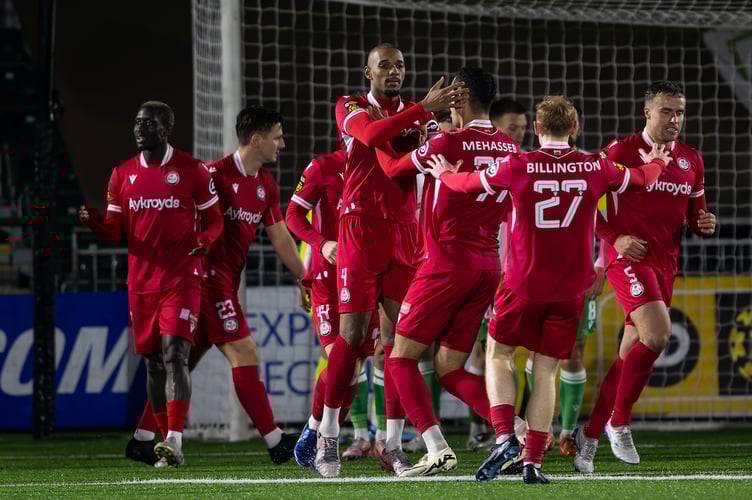 OSWESTRY, WALES - 06 JANUARY 2025: Nelson Digbeu of Bala Town celebrates his goal to make it 1-1 during the JD Cymru Premier game between The New Saints and Bala Town at the Park Hall Stadium in Oswestry. (Pic by Craig Thomas/FAW)