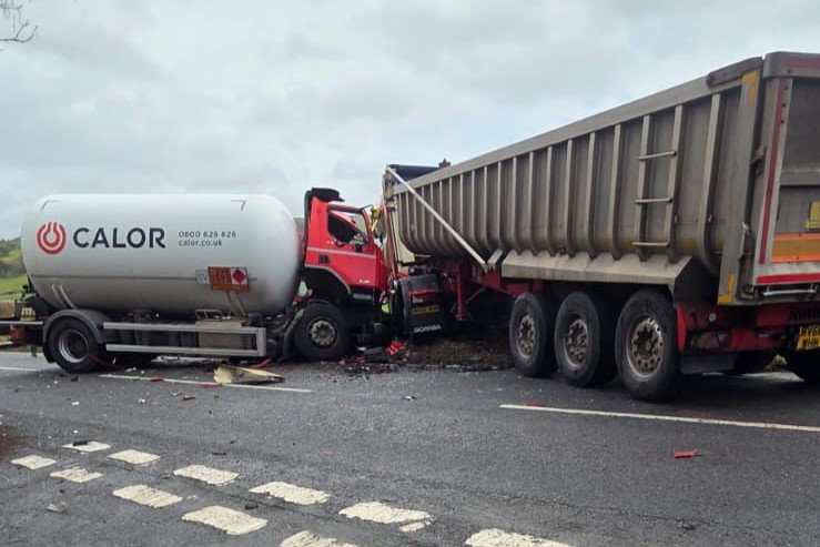 The Calor Gas lorry collided with a large haulage vehicle.