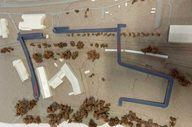 A 3D model on display at Ceredigion County Council offices in Aberystwyth shows Option A, by the rugby club, and Option C, also directly over Plascrug School's play area