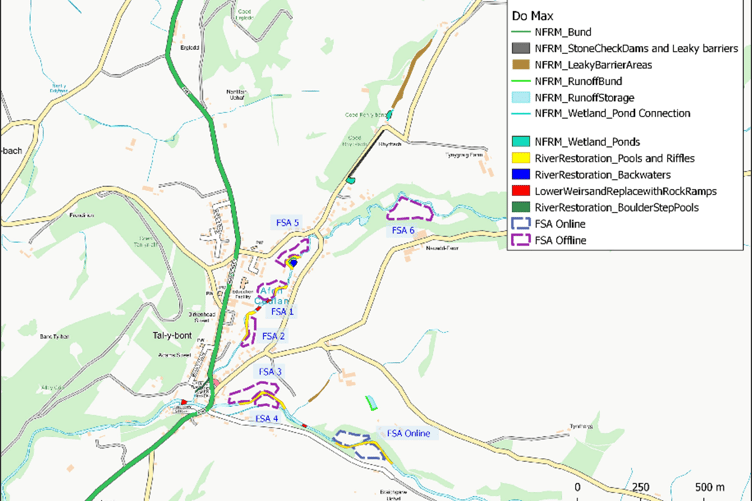 The councils 'preferred option' for flood allevation in the village, including flood storage areas (FSA), natural flood management and river restoration.