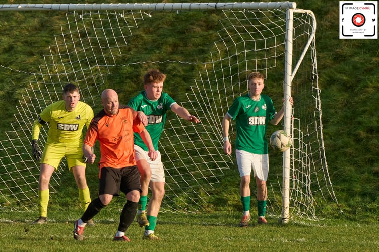 Goalmouth action from Tywyn Bryncrug's 6-1 cup defeat at Forden United (Photo: Ian Francis)