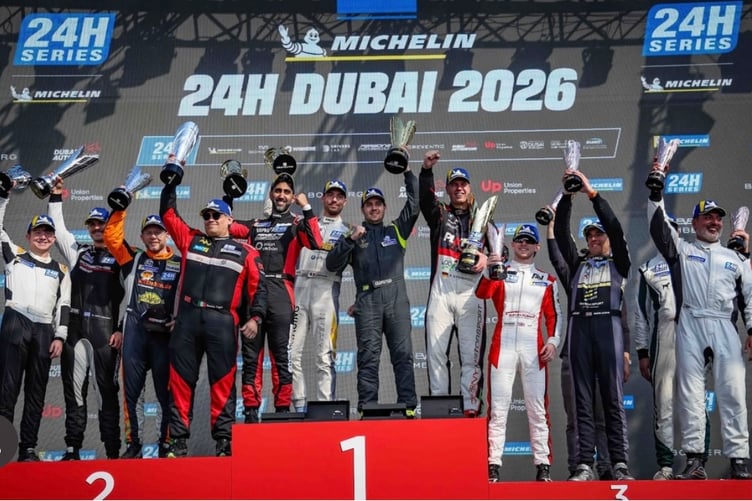 Carmarthen’s Rhys Lloyd on the rostrum after completing the Dubai 24hr Race