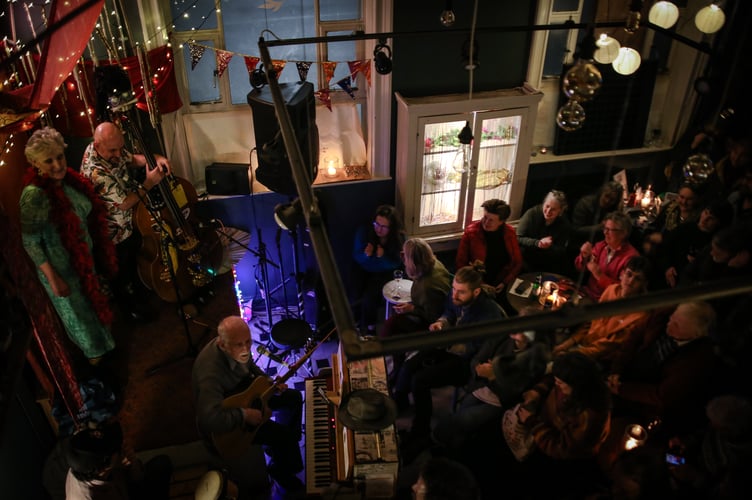 Phil Wheeler (front) with friends at the old bank, Bedwen.