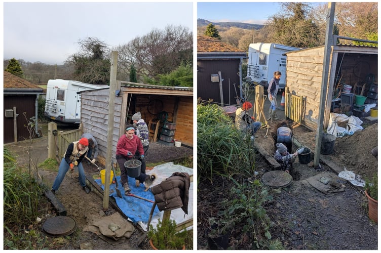 (Left) breaking ground, (right) digging out the hole.