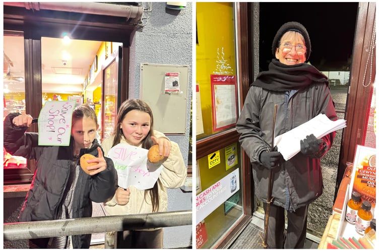 Young protestors holding signs calling to 'save our shop', along with a resident holding signed petitions against the works.