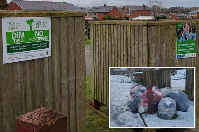 Illegal waste tipping (inset) and new signage (main). Photos: Gwynedd Council