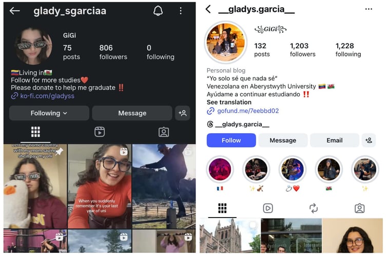 Left - the fake Instagram account directing people to the fraudulent Ko-fi fundraiser. Right - Gladys' real Instagram account linking to her GoFundMe page.