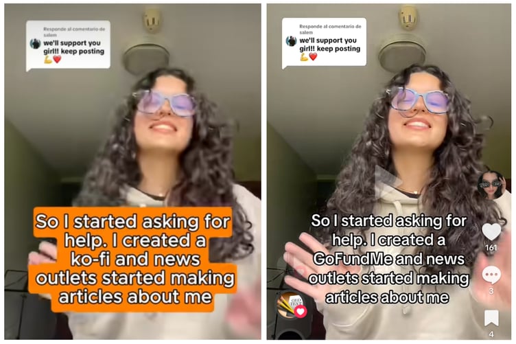 Left - a video stolen off her TikTok page, with text covering the original post, directing people to the fraudulent Ko-fi page. Right - Gladys' original post and text direct people to her GoFundMe platform.