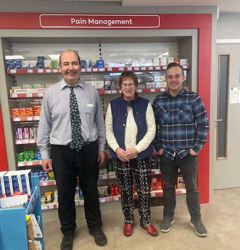 Joyce Watson and Steffan Chambers visited many places, including the pharmacy in Harlech