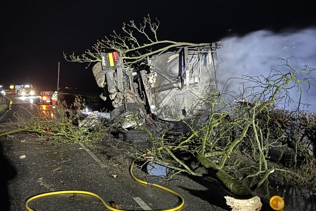 Lorry catches fire after collision with tree