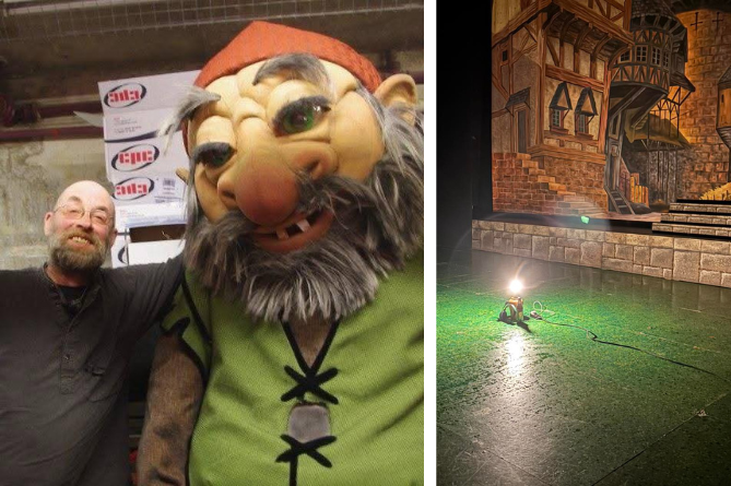Huw Evans backstage at previous Wardens' pantomime, Jack and the Beanstalk and the light left on Aberystwyth Arts Centre's Theatr Y Werin stage in memory of Huw