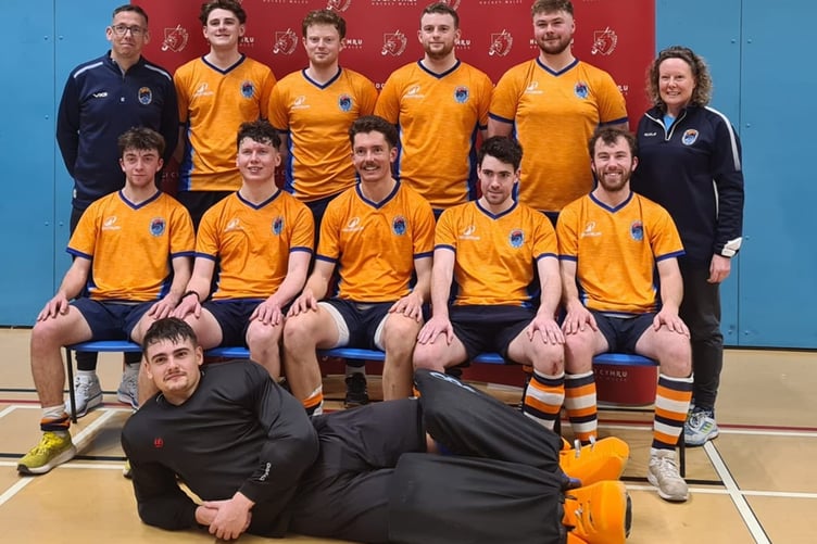 Front lying down: Iwan Williams. Front row l-r: Dafydd Jones, Harry Bennett, Ed Iffla (captain), Duncan Langston, Gerallt Jones. Back row l-r: Ryan Goddard(coach), Wil Pugh, Conor O'Regan, Aodhan O'Regan, Sam Kelsey, manager Sue Williams (Photo: Sian Williams)