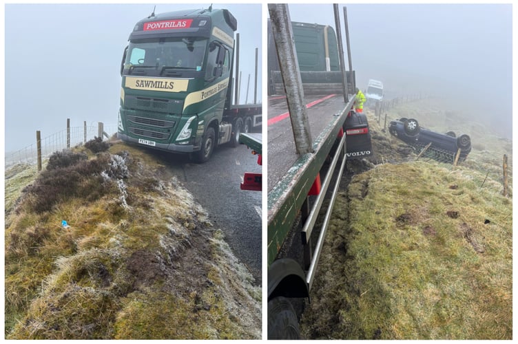 One of the crashed lorries (left) along with an overturned car (right) from a previous incident.