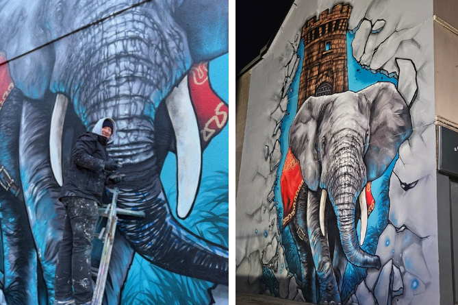 The mural (right), created by renowned artist Andy Dimeone Birch (left). Photos: Pwllheli Town Council