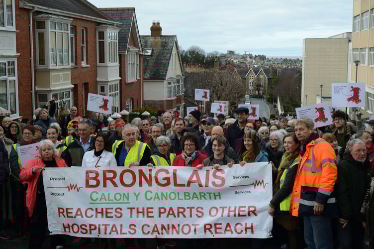 Protestors gathered at Bronglais Hospital. Photo: Alex J Gilbey