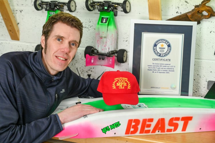 Engineer Stephen Wallis, from Rugby, has set a world record with his remote control car 'The Beast' - a 3ft 2in-long (1m) car made from 3D-printed components and drone motors. February 6 2026. //  A part-time motorcycle engineer whose speedy remote control car set a world record has put the success down to a fascination linked to his childhood.  It took Stephen Wallis from Rugby more than a year to design The Beast - a 3ft 2in-long (1m) car made from 3D-printed components and drone motors.  While he had a stated aim of achieving a top speed of 200mph (321.8km/h), his secret target was 240mph (386km/h). He did not quite get there, but the attempt helped him set the fastest-ever speed recorded by a remote control car - 234.71mph (377.7km/h).  "It goes back to when I was eight years old and got my first radio controlled car," Wallis said.  To place the record in some context, The Beast is faster than a production model McLaren F1. 