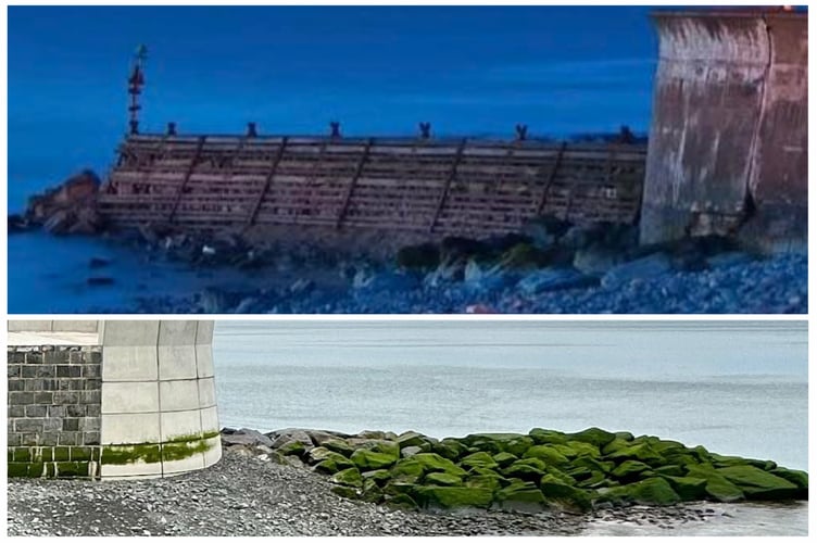 Top - the old wooden groyne. Bottom - the rock berm it was replaced with.