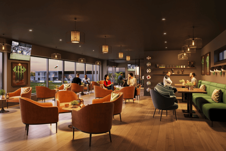 clubhouse bar and community rooms with panoramic pitch-side views